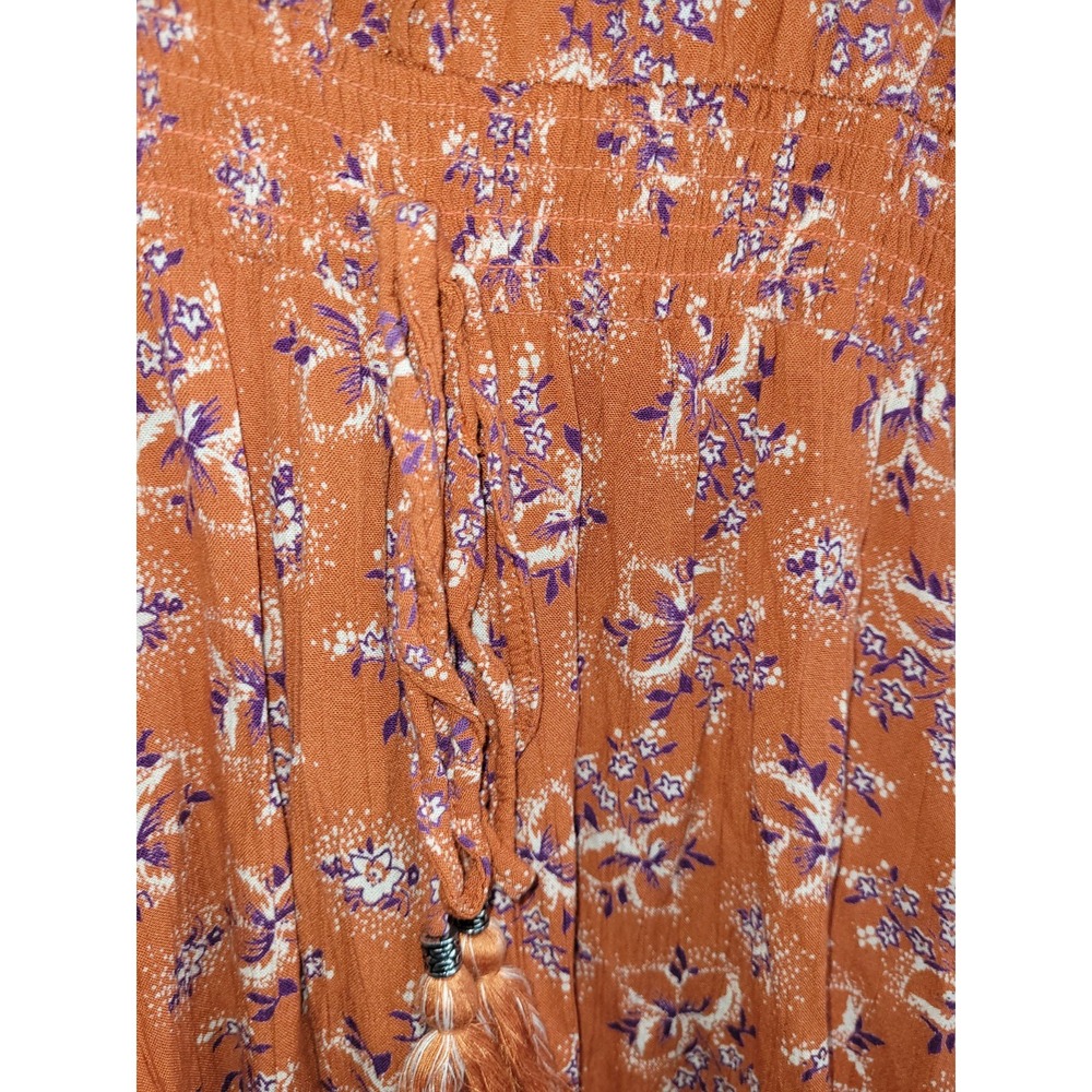 Xola P. Orange Floral Shirt Dress Smocked Waist V-Neck Long Sleeve M - Picture 6 of 7